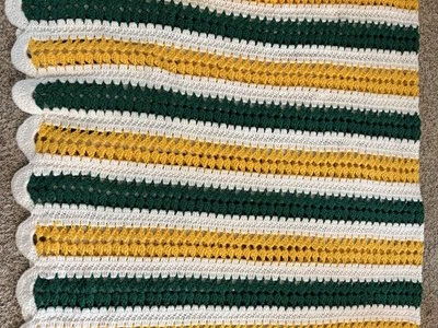 Vintage Crochet Granny Quilt Afghan Green/yellow/white Scalloped Edged 60 x 33 - Image 1 of 3