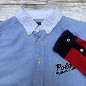 Polo Ralph Lauren Shirt Sz L Boys Kids Rugby stripe Denim Button Up Logo Preppy - Picture 1 of 12