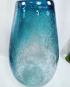 Murano Style Art Glass Vase Seeded Bubbles Blue into Clear - Picture 1 of 8