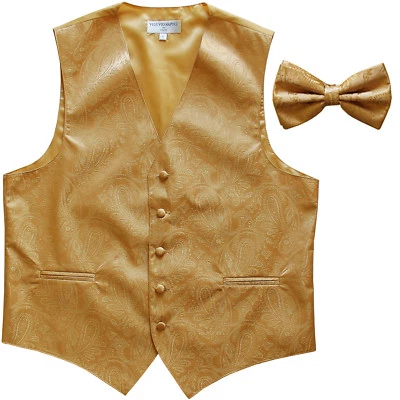New Men's Formal Vest Tuxedo Waistcoat_pre tie bow tie paisley slim fit Gold - Image 1 of 4