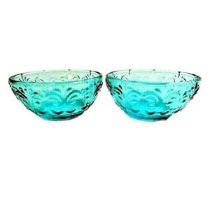 Pioneer Woman 2 Teal Pressed Glass Dip Bowls 3.1 Inch Embossed Design Gift NEW - Picture 1 of 4