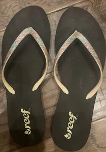 Reef sandals flip flops women size 11 Rainbow Stripe glitter upper Brown Bottom - Picture 1 of 4