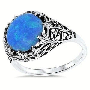 ANTIQUE STYLE LAB BLUE FIRE OPAL 925 STERLING SILVER EDWARDIAN DESIGN RING  077Z - Picture 1 of 4