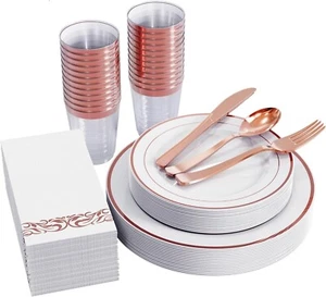FOCUSLINE 175pcs Rose Gold Dinnerware Set for 25 Guests, White Plastic Plates... - Picture 1 of 7