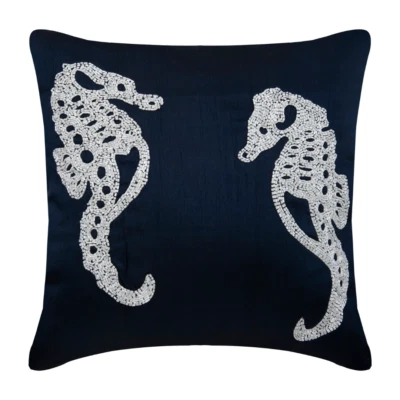 Decorative Pillow Cover Blue 16"x16", Bed Decor Silk - Navy Blue Sea Horse - Image 1 of 4