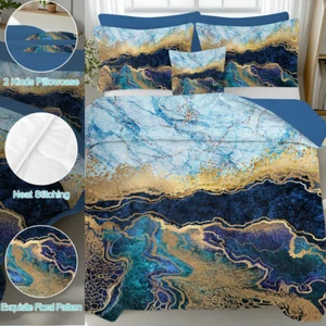 Marble Comforter Set Bed in A Bag 8PCS Navy Blue and Gold Foil Marble Queen Size - Picture 1 of 9