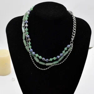 Multi-Strand Polished Stone Beaded Necklace in Green, Marbled Blue & Silver - Bild 1 von 4