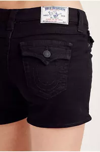 True Religion Women's Basic Mid Rise Cut Off Stretch Denim Shorts in Black - Picture 1 of 5