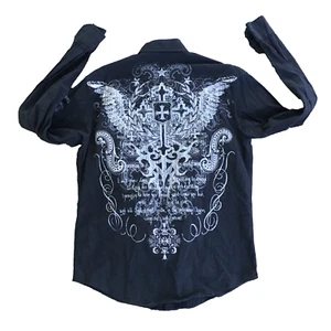 Vintage Helix Button Down Graphic Grunge Shirt Men Large Black Cross - Picture 1 of 12