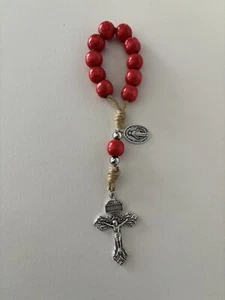 Jute Twine, Miraculous, Crucifix, Red Wood Catholic Rosary Beads, One Decade - Picture 1 of 1