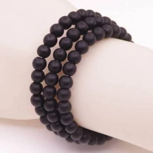 3 ROWS 6mm Round Natural Black Matte Agate Stone Beads Stretch Bracelet 7"  - Picture 1 of 4