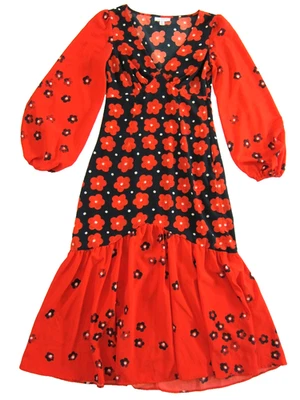 Topshop Red Black White Floral Long Sleeve V-Neck Long Maxi Dress Size 2 - Image 1 of 4