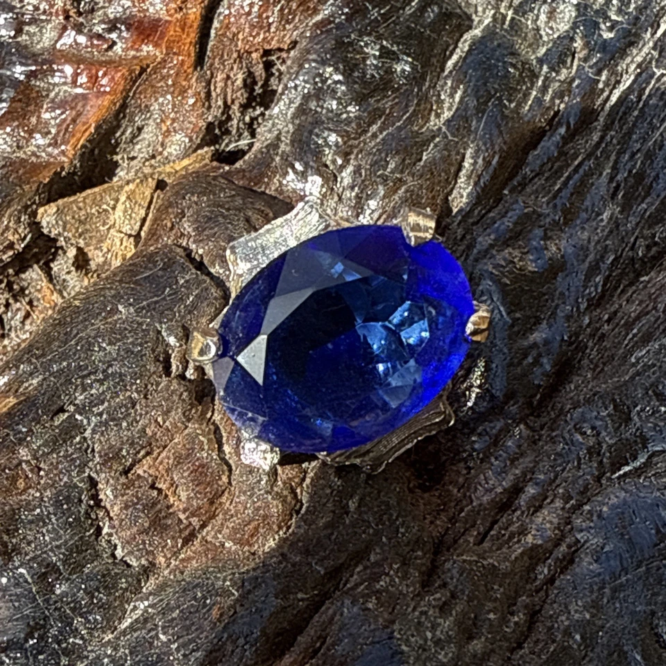 Blue Sapphire Colored Glass Silver Tone Ring  - Image 1 of 4