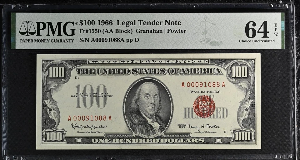 $100 1966 Legal Tender Note Granahan Fowler Choice Uncirculated 64 EPQ PMG - Image 1 of 2