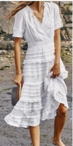 ANTHROPOLOGIE LOVE THE LABEL Off White/Antique White Lace Tiered Dress Large - Picture 1 of 11