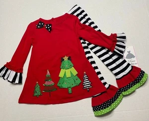 Rare Editions Red and Black Striped Christmas Tree Legging Set  Little Girls 5 - Picture 1 of 1