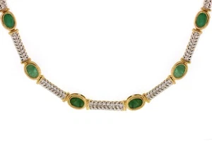 15.5CT Natural Green Emerald Station Necklace Sterling Silver Two Tone SALE - Picture 1 of 5