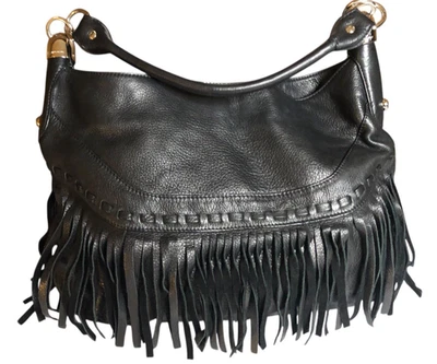 Bolso de Mano B. Makowsky Negro Guijarro Cuero Genuino Italiano Flecos Hobo Boho Foto 1 de 4