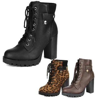 Womens Ankle Boots High Chunky Heel Lace Up Side Zipper Booties Shoes - Image 1 of 2