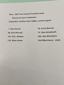 Misc. 1962 Post Cereal Football cards round out your collection  - Picture 1 of 4