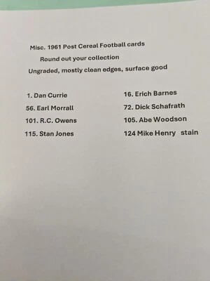 Misc. 1962 Post Cereal Football cards round out your collection  - Image 1 of 4