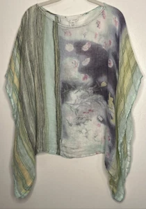 Pure Jill Linen OS Blue Green Abstract Print Poncho Shirt Lagenlook coastal gran - Picture 1 of 4