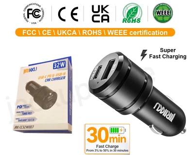 Dual USB PD Type-C Car Charger 32W Fast Charge Adapter For iPhone 13 12 Pro Max - Image 1 of 4