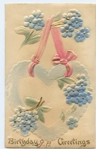 Birthday Greetings Floral with Heart Embossed Hand-Tinted Postcard - Picture 1 of 2