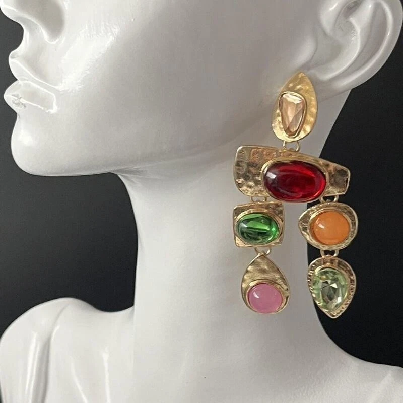 Fashion Metal Inlaid Colored Crystal Glass Geometric Earrings Exaggerate Jewelry - Image 1 of 1