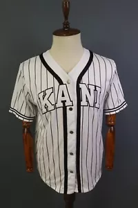 Karl Kani Sport White Striped V-Neck Big Logo Short Sleeve Shirt Size M - Picture 1 of 23