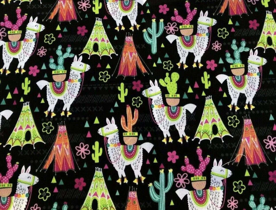 Tina Chatarra Negro Llama Desierto Cactus Lunares 9"x21" Lama Tela Algodón Negro Foto 1 de 1