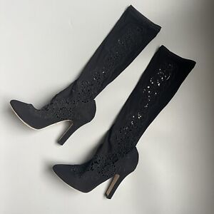 £750 Auth Dolce And Gabbana Black Boots, Sock Type Lace Cut Out High Boots 37,5