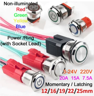MARKENLOS Metall Drucktaster Schalter Momentan/Rastend Beleuchtet EIN/AUS Schalter 24V220V