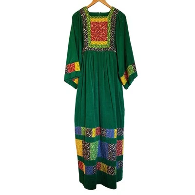 Vintage 1970s Sz M Handmade Green Corduroy Cottagecore Maxi Dress Quilted Floral - Image 1 of 4