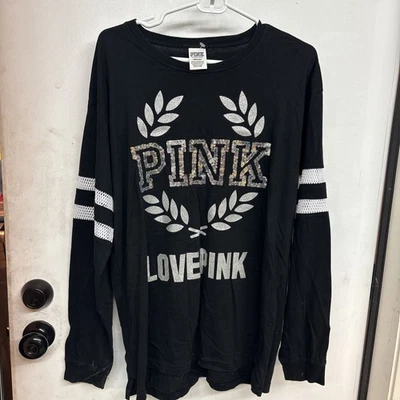 Victoria Secret PINK Sequin Bling Long Sleeve Logo Campus Crew Tee size large  - Image 1 of 4