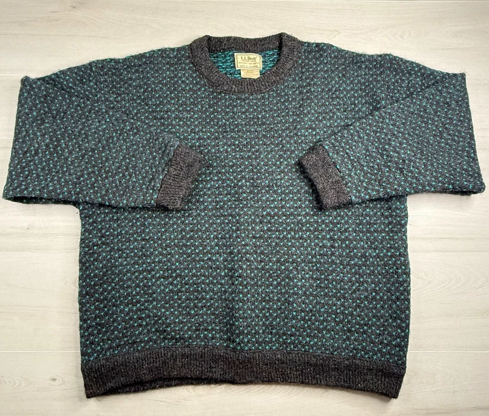 Vtg LL Bean Heavy Wool Rayon Sweater Green Birds Eye Fisherman Norway 2XL RARE - Image 1 of 4