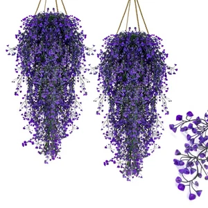 2 PIEZAS Plantas Colgantes Artificiales Interior - Vivas Enredaderas Falsas con Mini Flo Púrpura... - Imagen 1 de 6