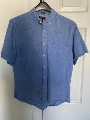 Camisa Tommy Hilfiger para hombre, mediana, M, manga corta, ajuste personalizado, mezcla de lino usada en excelente estado Foto 1 de 4