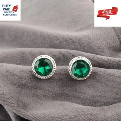 925 Sterling Silver Round Natural Green Emerald Wedding Dangle Earrings Jewelry - Image 1 of 4