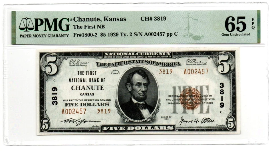 Fr. 1800-2 Chanute, Kansas 1929 Type 2 Note Charter #3819 PMG Gem Unc 65 EPQ - Image 1 of 2