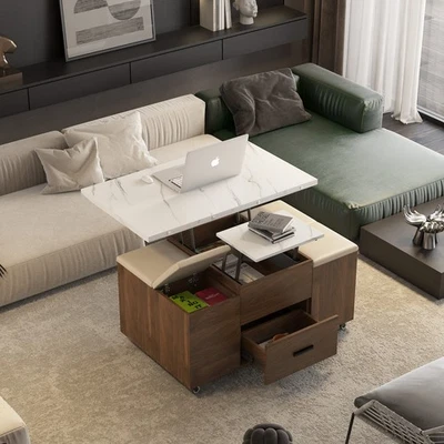 Lift Top Coffee Table with 4 Stools & Expandable Hidden Storage for Small Spaces - Image 1 of 4