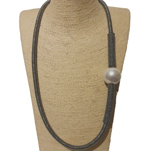 Grey Fabric Faux Pearl Necklace Chunky Statement Long Big Large Oversized Bold - Picture 1 of 12