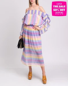 RRP €659 BLUGIRL BLUMARINE Midi Dress IT40 US4 UK8 S Striped Cold Shoulders - Imagen 1 de 10