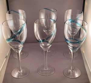 Set Of 6 Roscher Teal Swirl Long Stem Wine/Water Glasses Goblets 12 oz - Picture 1 of 7