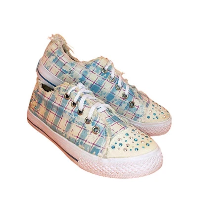 Justice Designer Girl's Pre-owned Blue & White Plaid Embellished Sneakers- sz. 2 - Image 1 of 4