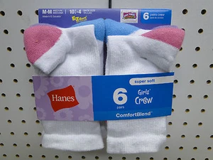 6pr Girls Hanes Crew Socks sizes S-L - Picture 1 of 8