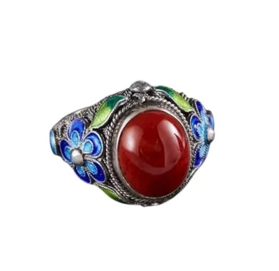 Anillo ajustable coreano con incrustaciones de seda flor ópalo rojo para mujer 🎀 Foto 1 de 4