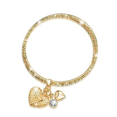 AEIWO 18k yellow gold filled slip on bracelet 3 bangles filigree heart charm  - Image 1 of 4