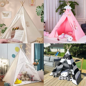 Large Natural Canvas Teepee Play Tent for Kids w/ Floor Mat Childrens Play House - Picture 1 of 28