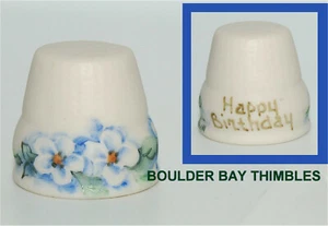 BLUE & WHITE THIMBLE POTTERY 'Flowers & Happy Birthday' BEAUTIFUL HAND PAINTED - Picture 1 of 4